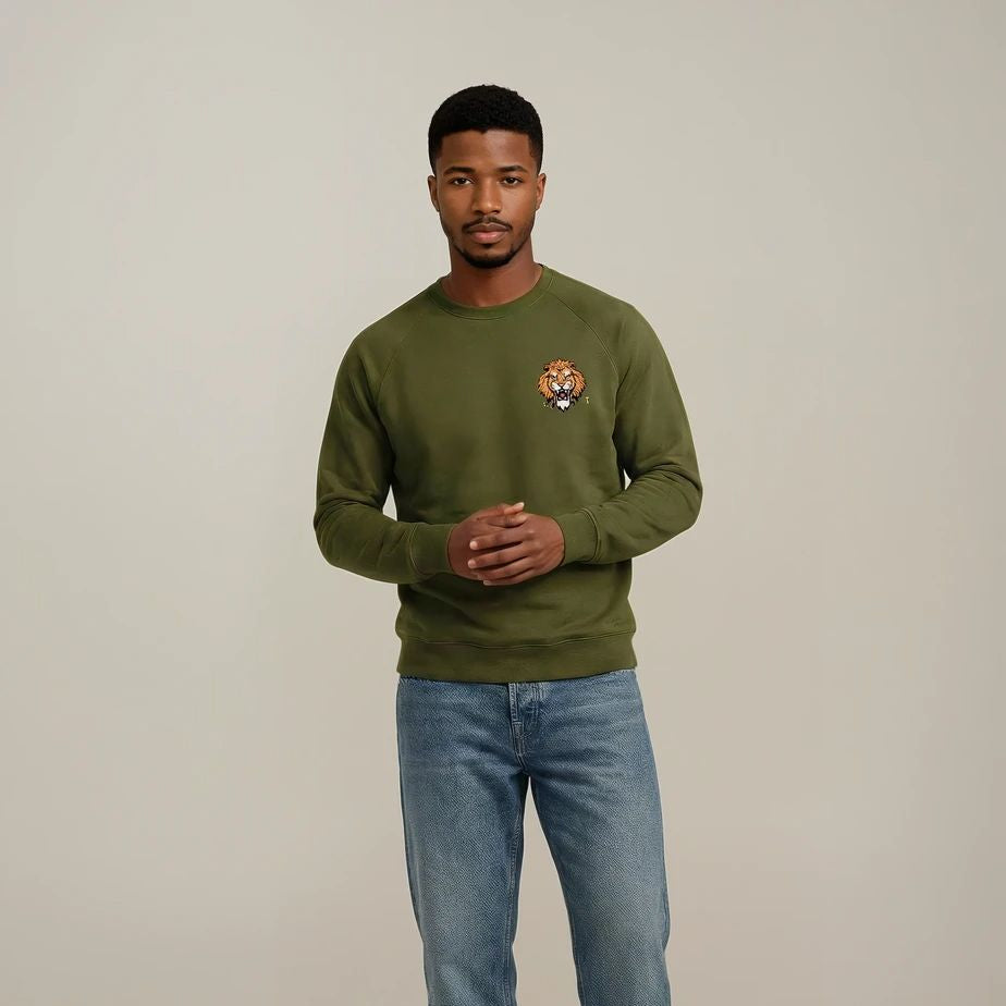 Olive Green Embroidered Premium Lions Crew Neck
